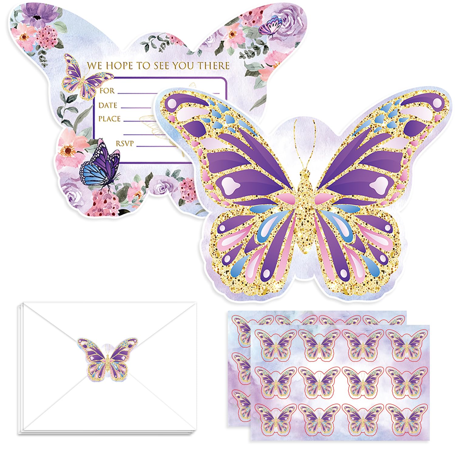 PIONUX 24 PCS Butterfly Birthday Invitations, Butterfly Floral Party Invitations with Envelopes and Stickers Shaped Fill in Invites Cards for Girls