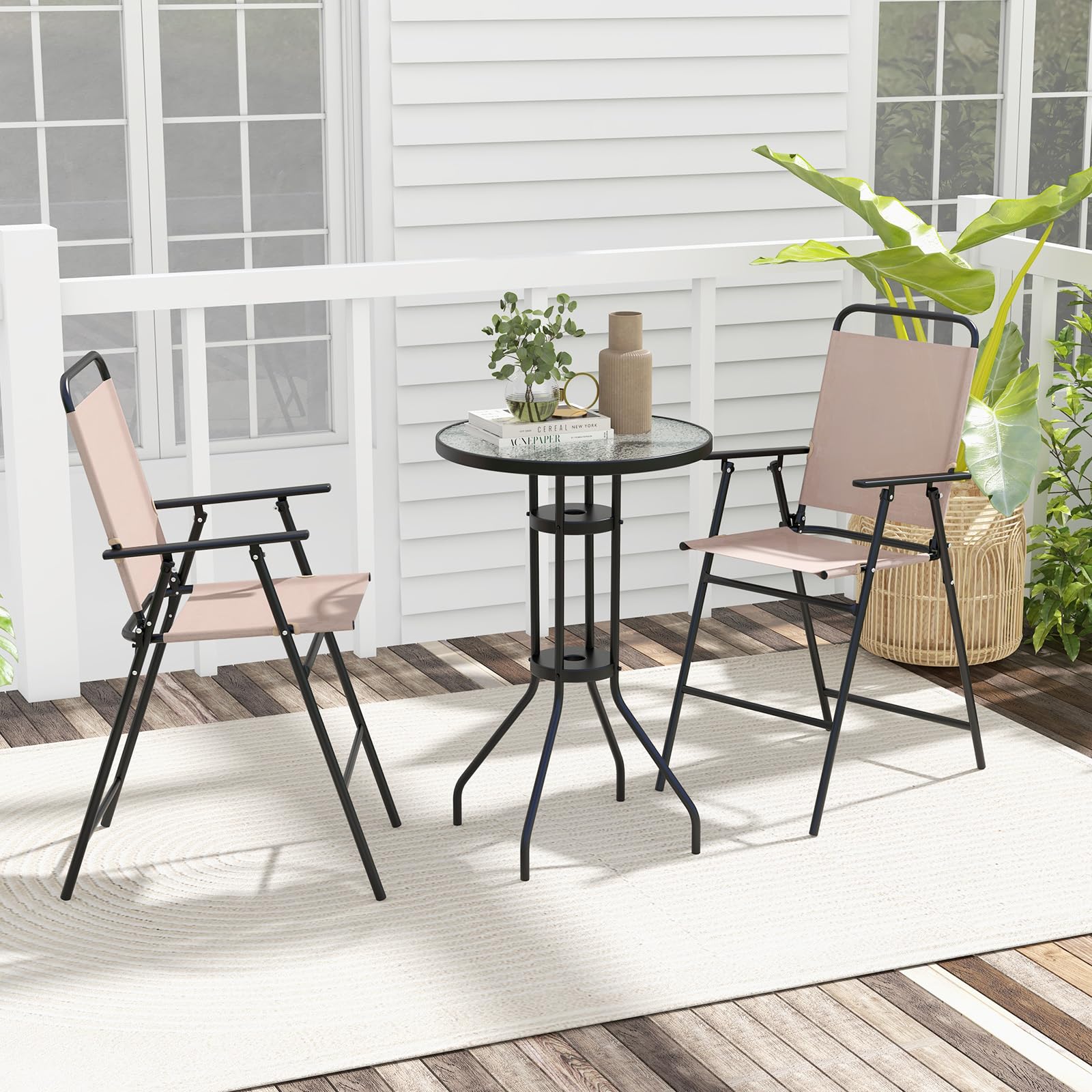 GIANTEX Set da Bistrò, Tavolo Alto Rotondo con Piano in Vetro e 2 Sedie Pieghevoli, Tessuto Traspirante, Set di Mobili per 2 Persone, per Balcone, Terrazza, Giardino (Senza Ombrellone)