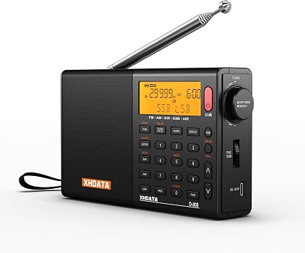 XHDATA D808 Portable AM FM SW LW Airband Radio SSB RDS Multiband Radio Speaker Alarm Clock External Antenna with LCD Display Black
