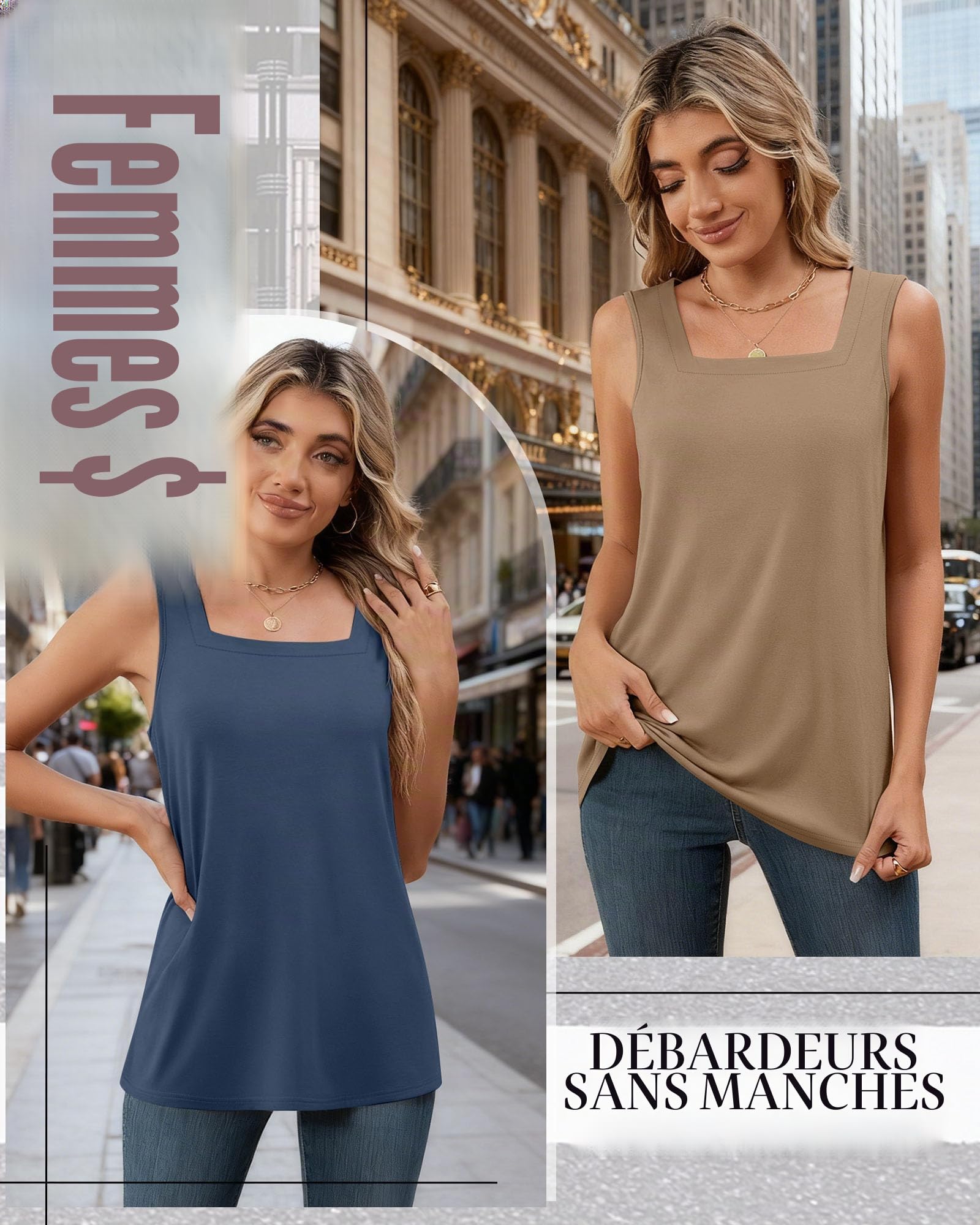 Lot de 3 Débardeurs pour Femme Hauts sans Manches Décontractés pour l'Été Coupe Ample et Col Carré