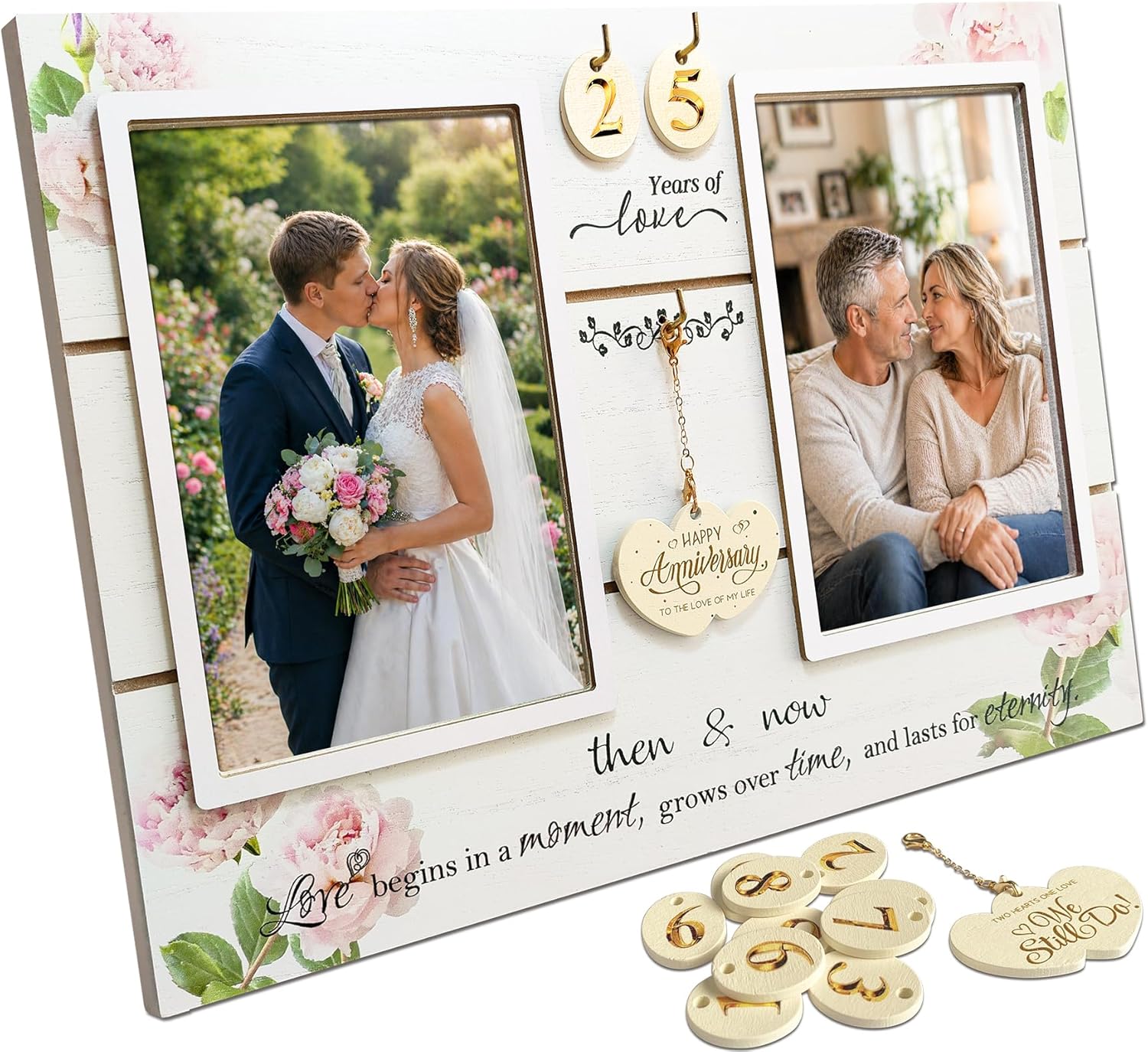 A'arkaJ 25th / 30th / 40th / 50th Anniversary Frame, Gift for Couple, Parents, Husband and Wife, 1-99 Years Then & Now Picture Frame, Wedding Keepsake with Number Inserts