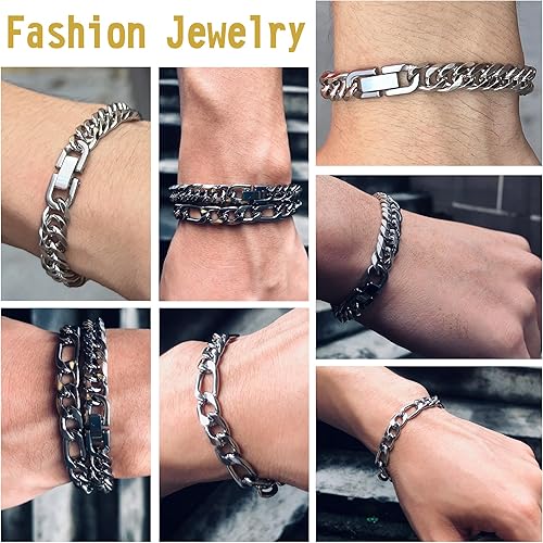 Miniatura 5 de 2 pulseras Figaro de eslabones cubanos de acero inoxidable 316L, color plateado, dorado, negro, resistente, cadena de eslabones cubanos para hombre,