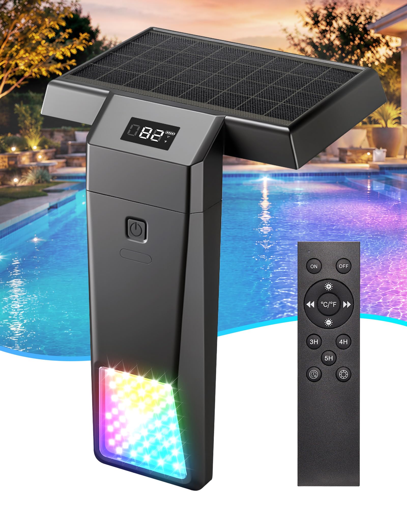 solar pool lights for inground and above ground pools, color changing led underwater lights with remote, real-time temperature display, ip68 dimmable lights