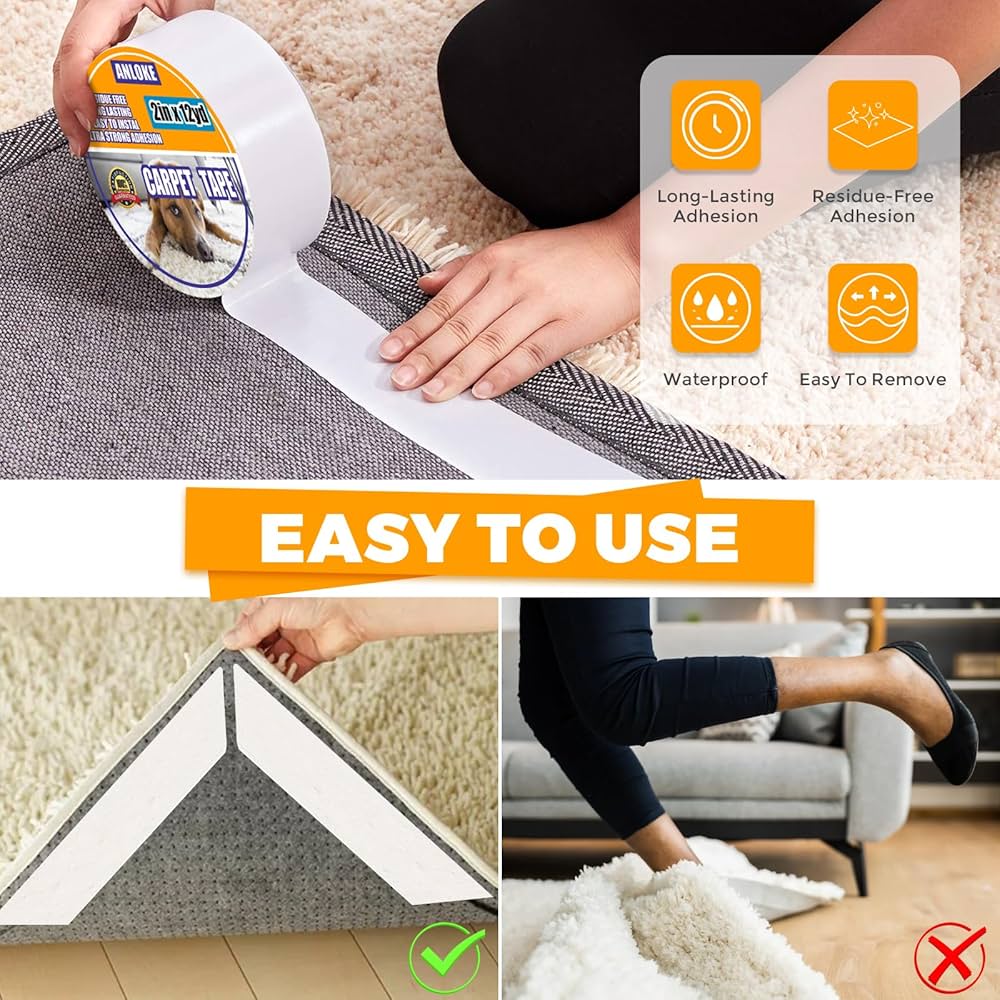 ETERART Double Sided Carpet Tape Heavy Duty For Area Rugs,Tile Hardwood Floors,Over Carpet,Rug Tape High Adhesive And Removable,Strong Sticky Tape,Residue Free,2 Inches X 10 Yards,White