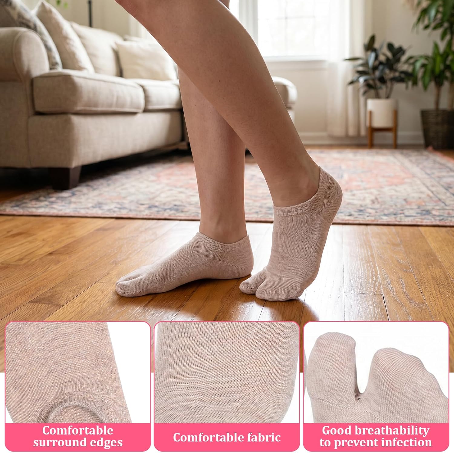 Xthrotsenk 4 Pairs Flip Flop Socks, 4 Colors Tabi Socks Non Slip No Show Split Toe SockJapanese Sock Comfortable Toes Separated-Sock for Women and Men Split Toe for Flip-Flop and Geta