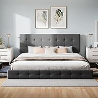 Vista 86 de WEEWAY Base de cama de plataforma de tamaño matrimonial con 4 cajones de almacenamiento, cabecera capitonada con botones de costura de diamante