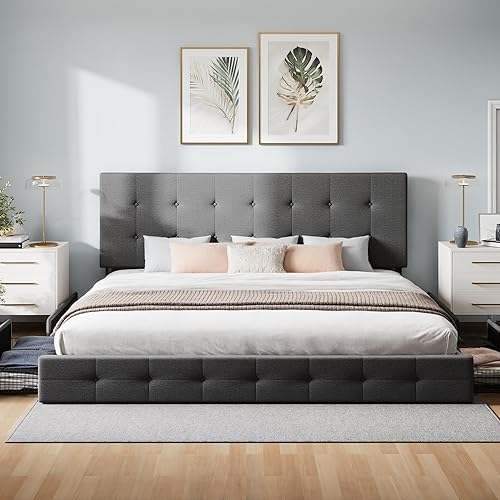 Miniatura 86 de WEEWAY Base de cama de plataforma tamaño Queen con 4 cajones de almacenamiento, cabecera capitonada con botones de costura de diamante, base de