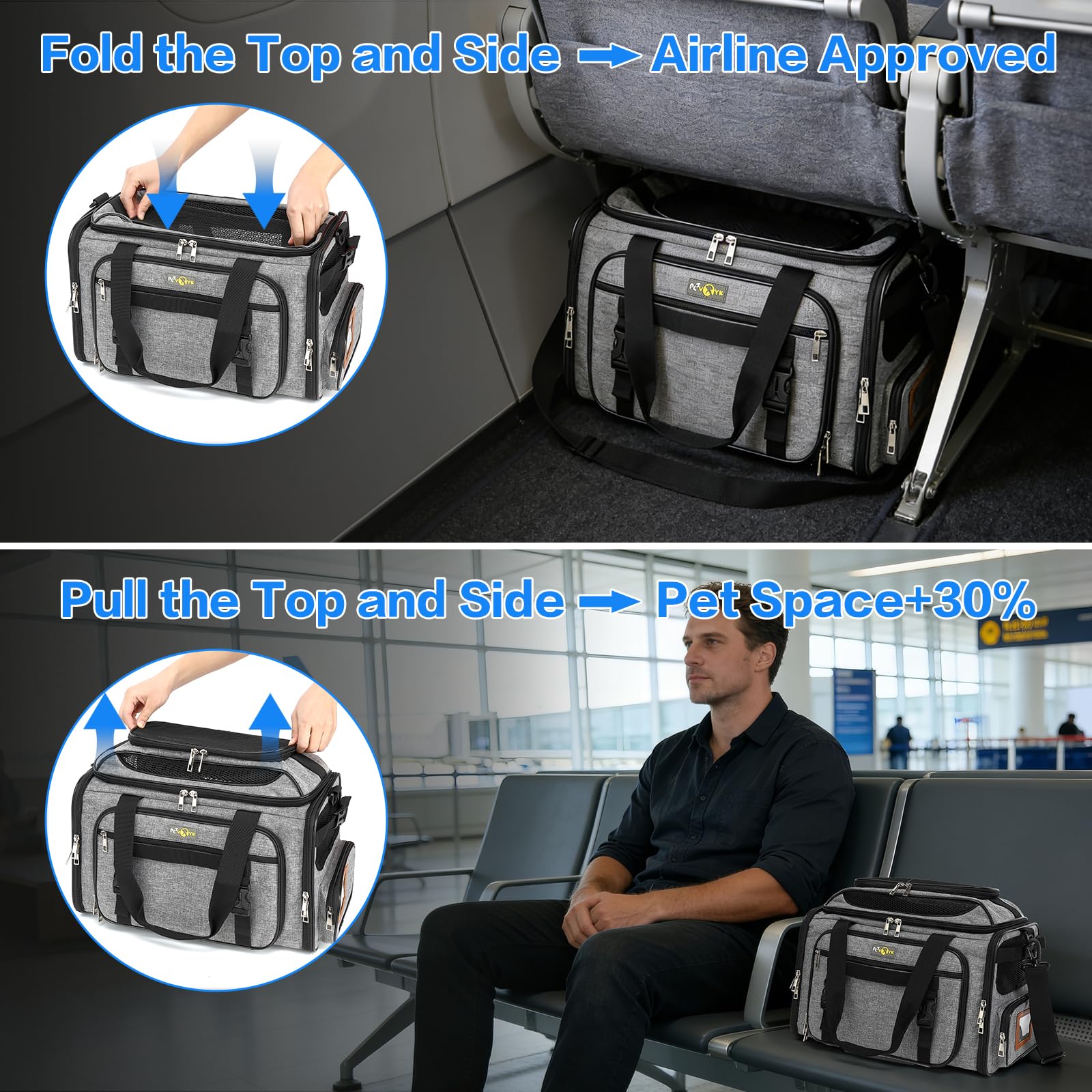 Soft-Sided Small Cat/Dog/Pet Carrier, Collapsible Top and Side Expandable Pet Travel Carrier, with Shoulder Strap & Removable Mat, Mesh Puppy Carry Bag, TSA Airline Approved - image 5