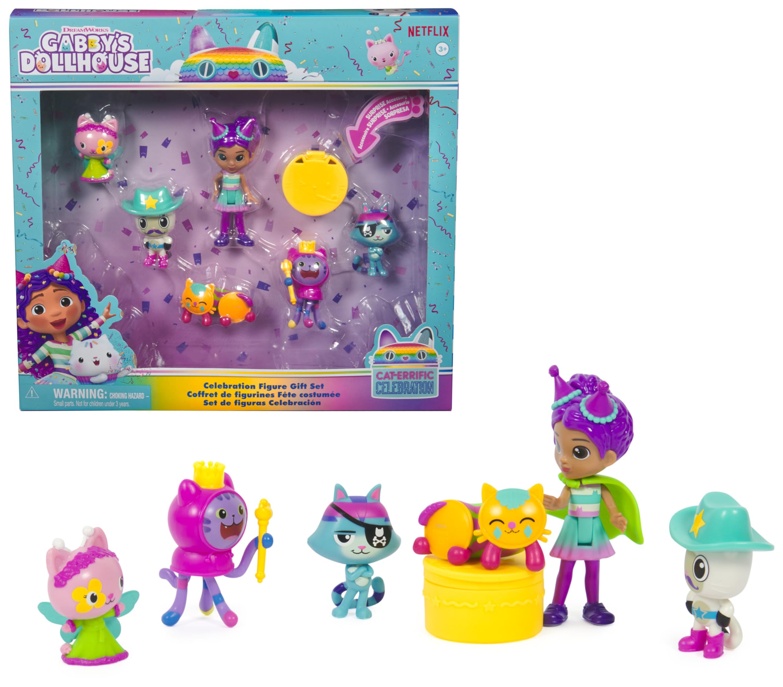DREAMWORKS GABBY'S DOLLHOUSE - Party-Figuren Geschenkset, Party Gabby mit 6 Katzen-Figuren im festlichen Outfit, ab 3 Jahren