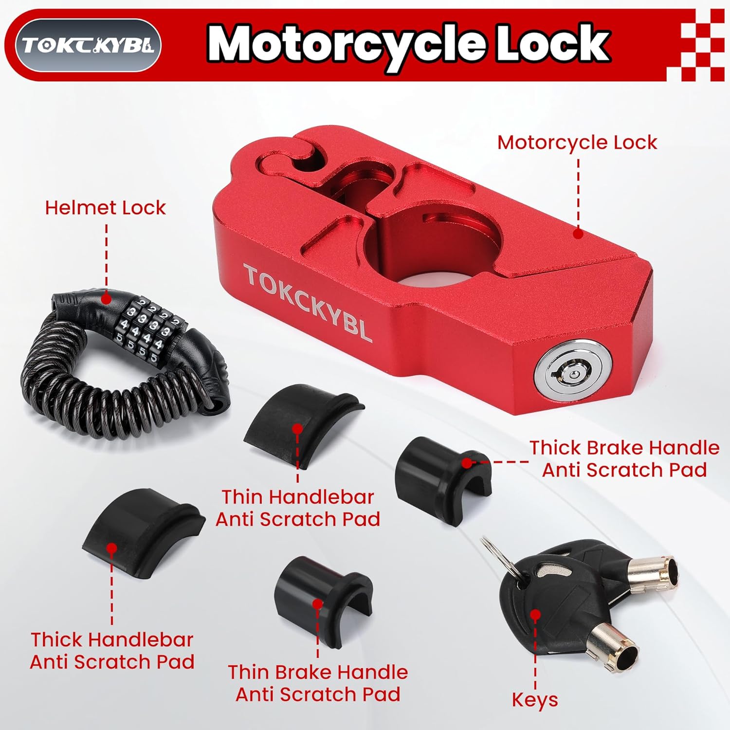 Motorcycle Lock, Heavy Duty Anti Theft Helmet, Brake and Handlebar Lock, Universal for Motorcycles, ATVs, Dirt Bikes, Mopeds，Scooters, Red