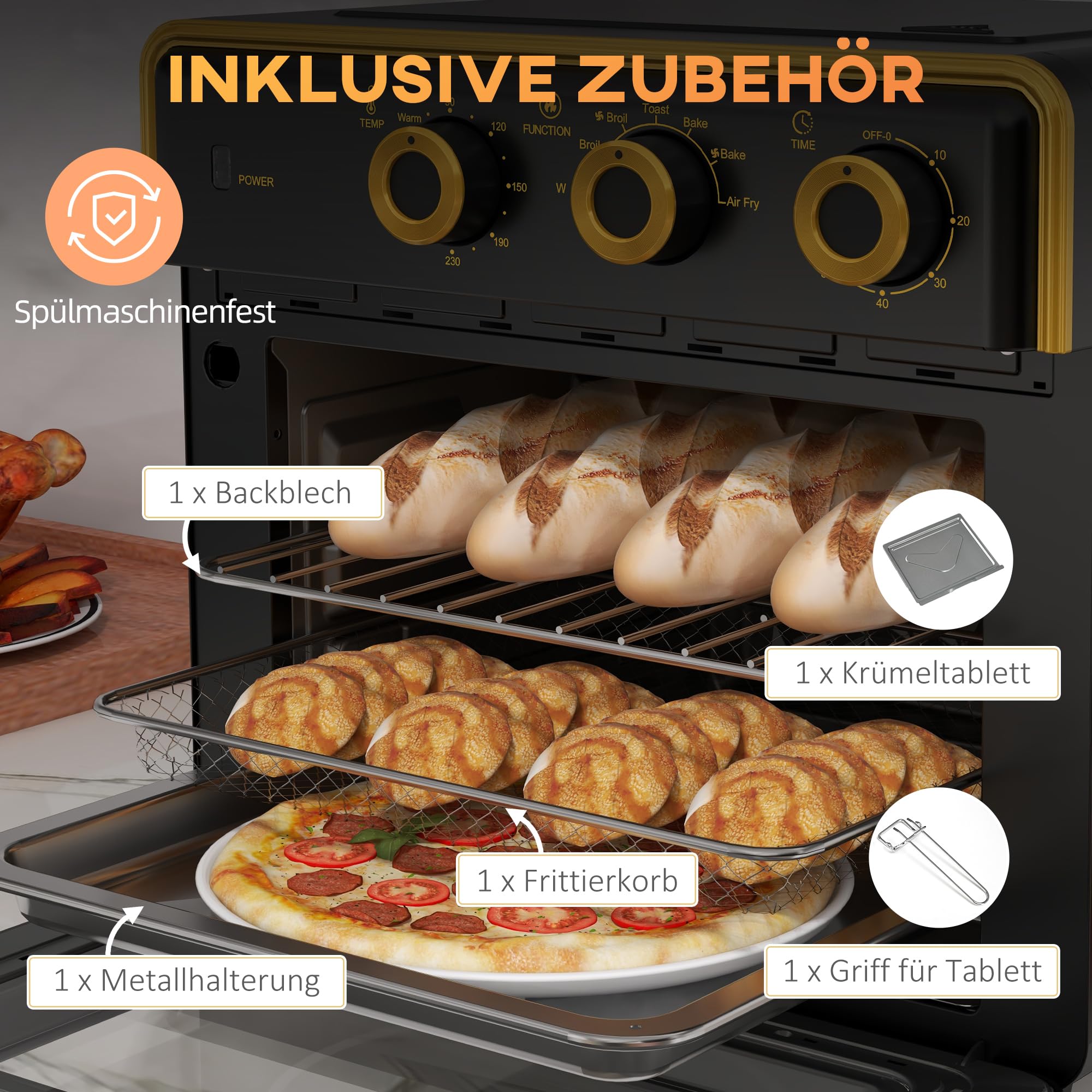 HOMCOM Minibackofen mit Umluft 20L Mini Ofen mit Backblech, Grillrost und Krümelblech, 90 °C-230 °C Heißluftfritteuse mit 5 Modi, Frittierkorb, 60 Min. Timer, 1400W, Metall