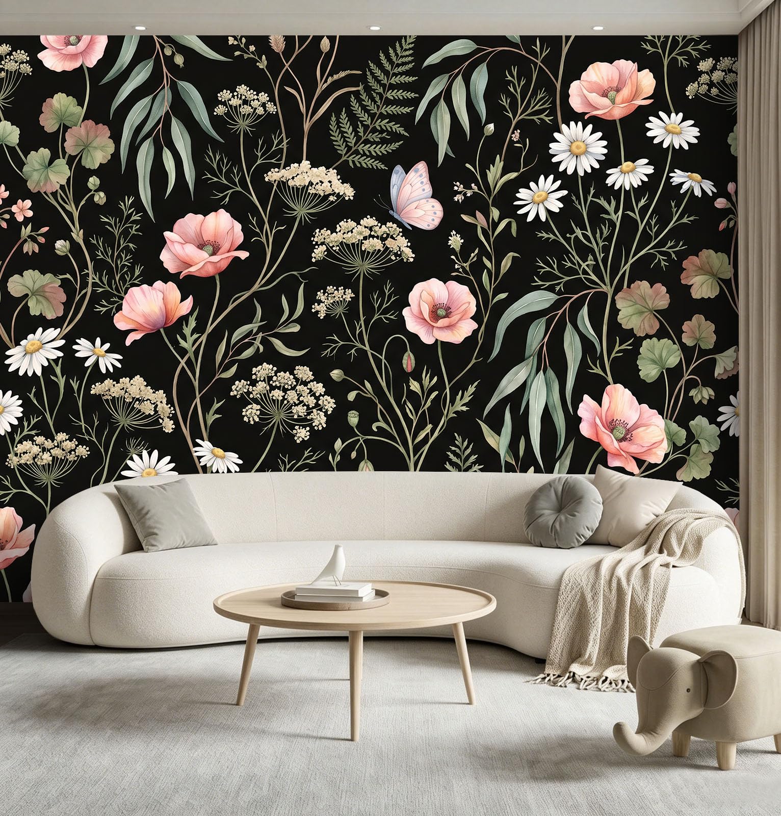 Natur LandhausWald Panorama Fototapete 200 x 140 cm, Mohnblumen Gänseblümchen Eukalyptusblätter Geranien Vlies Tapeten Wandtapete, Schwarz Wandbilder Tapete für Wohnzimmer Schlafzimmer Apartment Flur