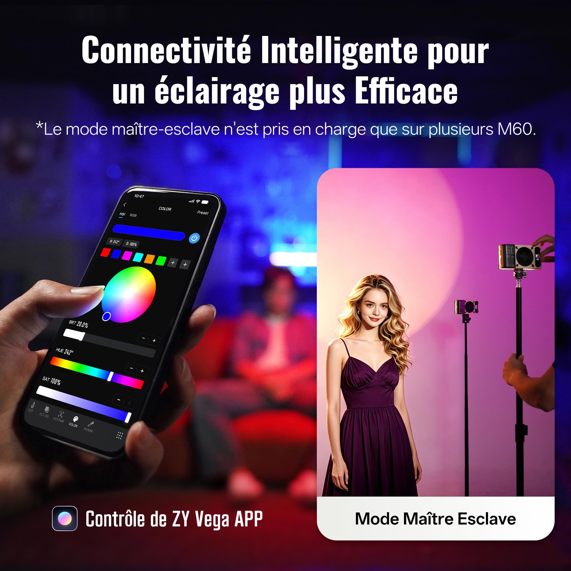 ZHIYUN FIVERAY M60 Ultra 60W RGB Lumiere Vidéo[Officiel] Lumiere LED pour Camera, Cold Shoe, Magnétique Mount, éclairage Vidéo Portable, Batterie 4500mAh, Contrôle APP&Maître-Esclave,2500K~10000K,430g