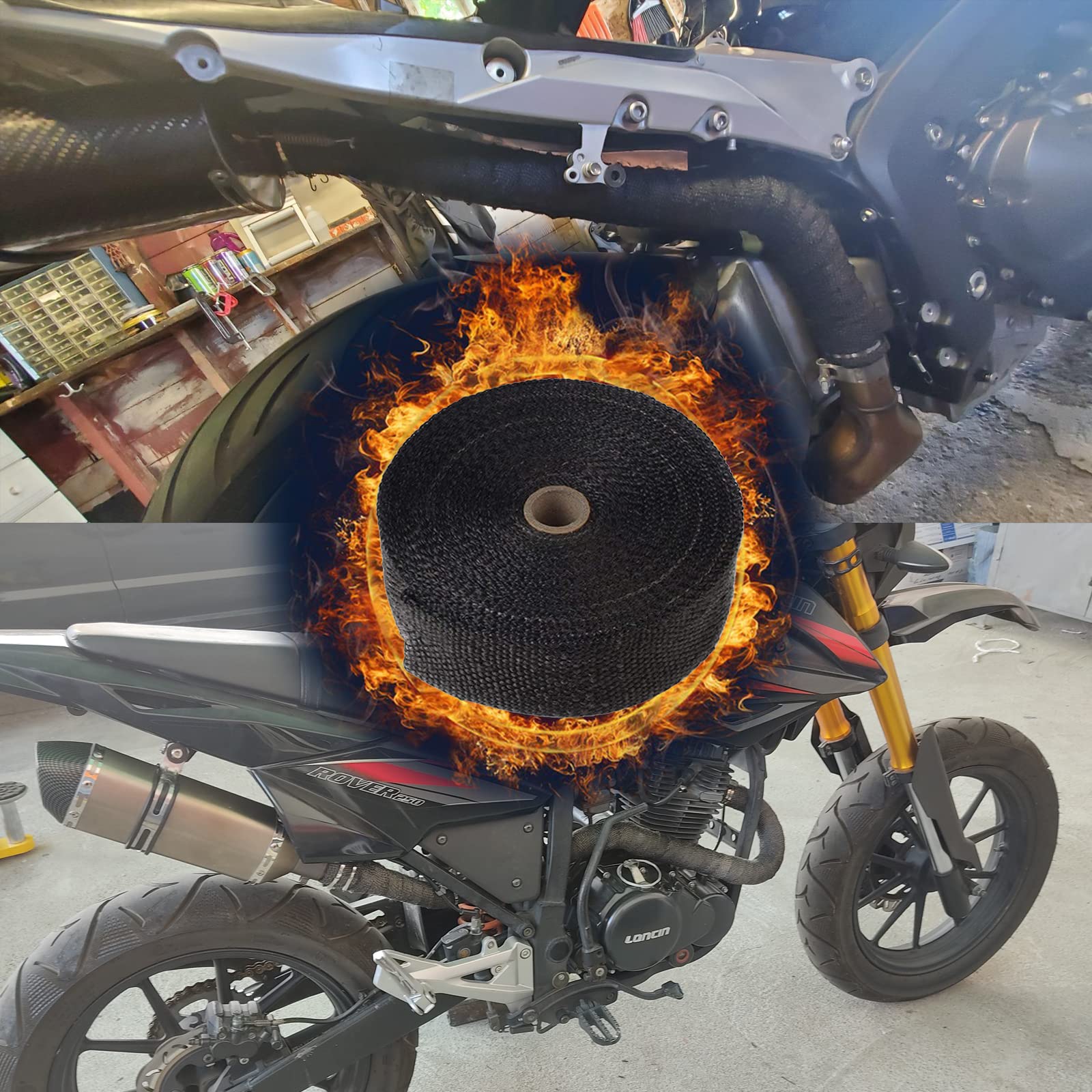 2 rotoli da 5,1 cm e 152,7 m, in fibra di vetro, per tubi di scarico di moto, nastro termico con fascette in acciaio inossidabile (perderà colore)
