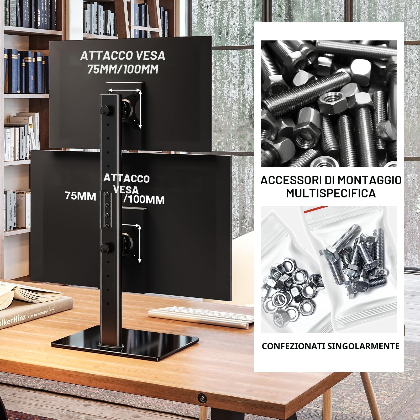 5Rcom Supporto Doppio Monitor Scrivania per Schermi da 13-38 Pollici, Braccio Monitor Verticale Doppio, Girevole, Inclinabile, Regolabile in Altezza con VESA 75x75/100x100mm fino a 20KG