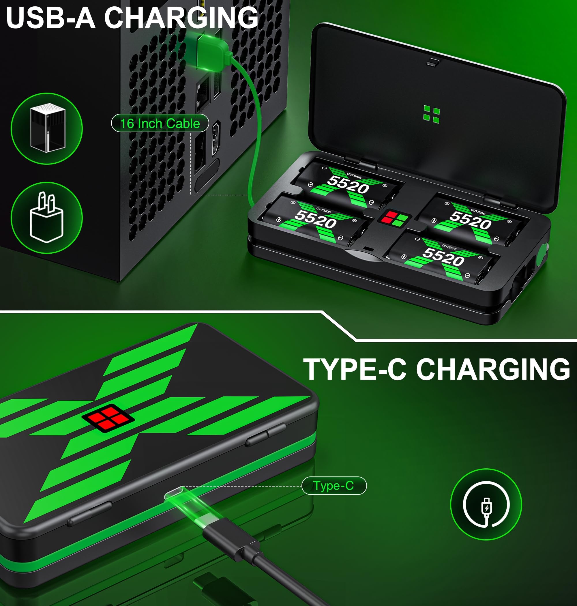 4 batterie da 5520 mWh per Xbox, batteria ricaricabile per Xbox Series X/S/One/One S/One X/One Elite Charging, ricarica rapida per Xbox, non per giochi a cubo