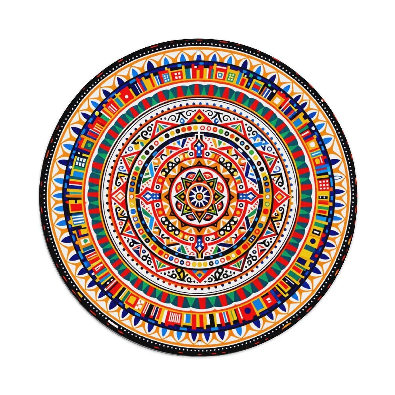 Colorful Geometric Tribal Mandala Design Round Tin Sign Vintage Style Metal Sign Home Bar Garden Wall Plaque Decor Metal Poster 8x8 Inch