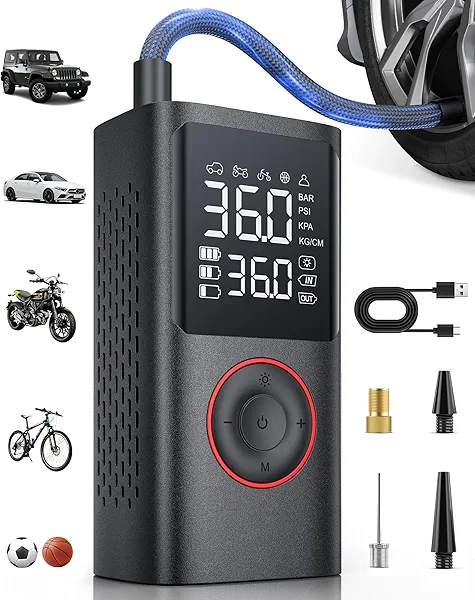 Powools Tire Inflator Portable Air Compressor, 150 PSI Cordless Bike Pump, Air Pump for Auto, Motorcycle, Bicycle, Balls with Pressure Gauge, LED Light & Car Accessories, Black, Medium
