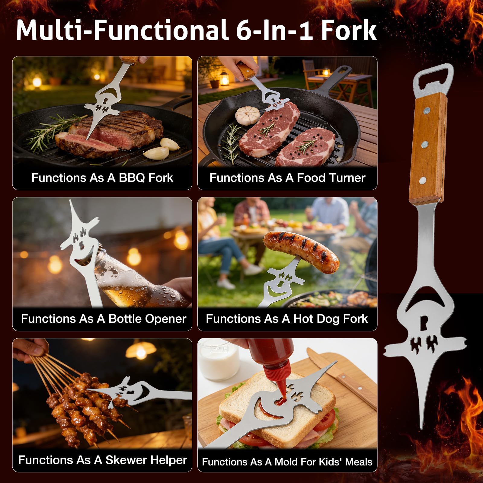 3-Piece BBQ Tools Set with Grill Spatula, Tongs, Fork - Wooden Handles, Duty Stainless Steel Barbecue Utensils Kit, 7-in-1 Turner & 6-in-1 Fork Functions As A Bottle Opener-Surprise Gifts for Men Dad — view 7