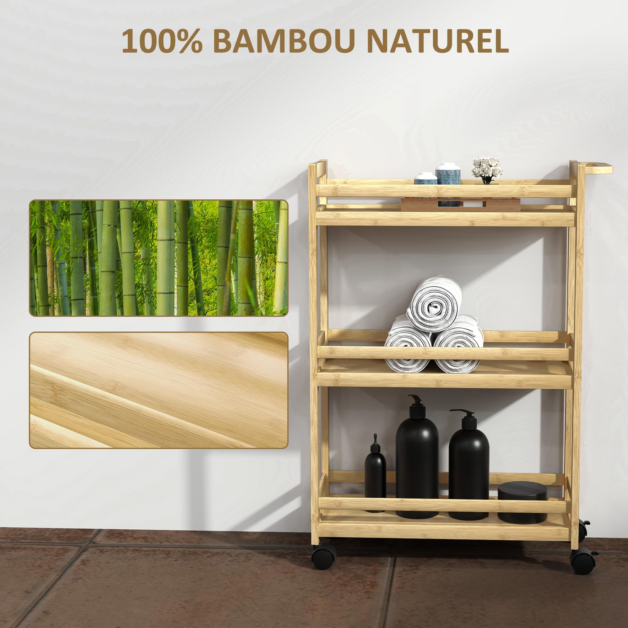 HOMCOM Étagère de Rangement de Salle de Bain en Bambou à 3 Niveaux, Chariot de Rangement, Meuble Salle de Bain avec roulettes pour Cuisine, Salle de Bain, Salon, dim. 55 x 20 x 75 cm - Naturel