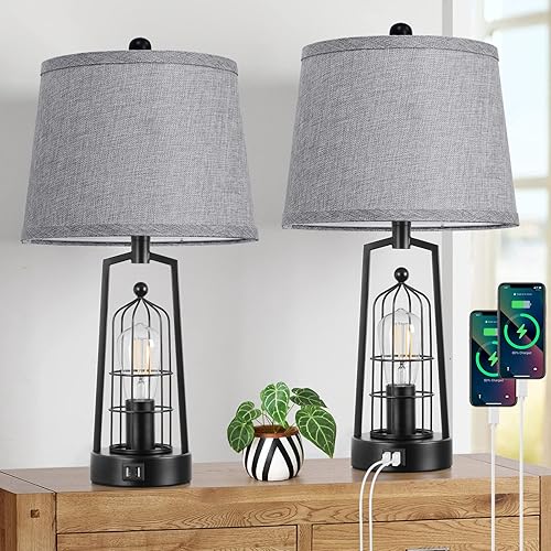 Farmhouse Table Lamps with 2 USB Ports, Set of 2