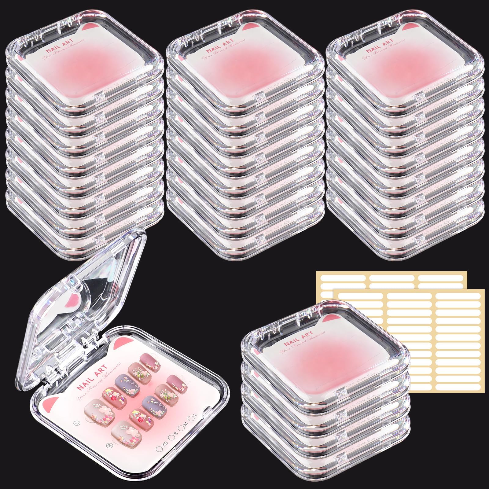 Pudełko ekspozycyjne na paznokcie z taśmą samoprzylepną i kartą, 7,5 x 7,5 cm, akrylowy organizer do paznokci, etui do przechowywania sztucznych paznokci, do użytku domowego, salonu, 30 szt