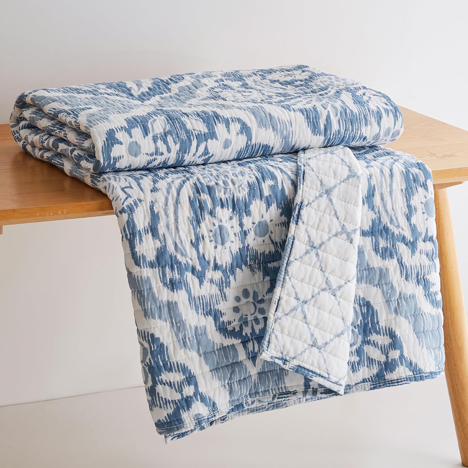 Levtex Home - Becker Blue - Throw - Ikat - Blue, White - Quilted Throw (50x60in.) Reversible - Cotton