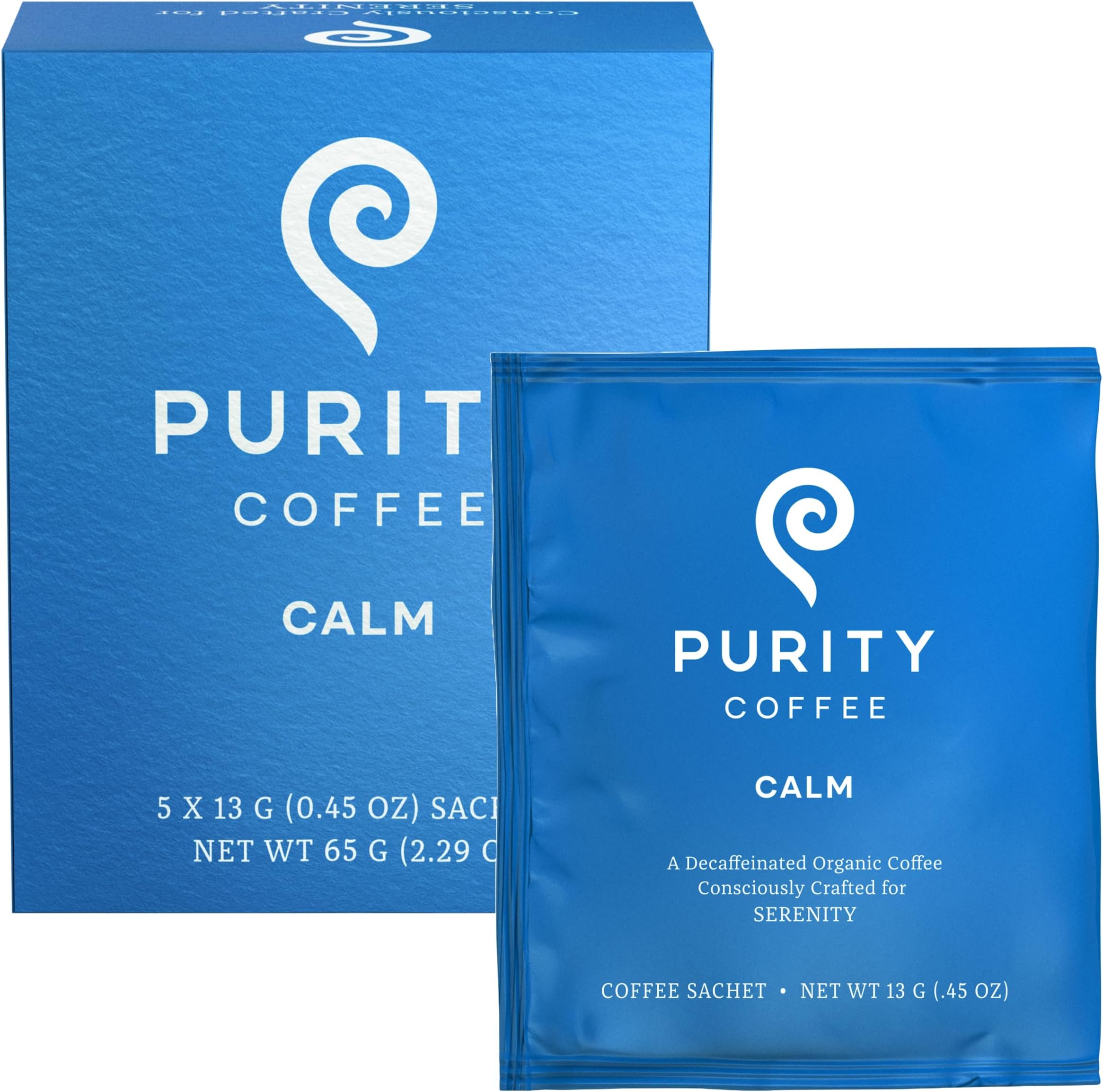 Purity Coffee CALM Decaf Medium Roast Organic Coffee - USDA Certified Organic Specialty Grade Arabica Single-Serve Packets - Third Party Tested for Mold, Mycotoxins & Pesticides - 5 ct Box