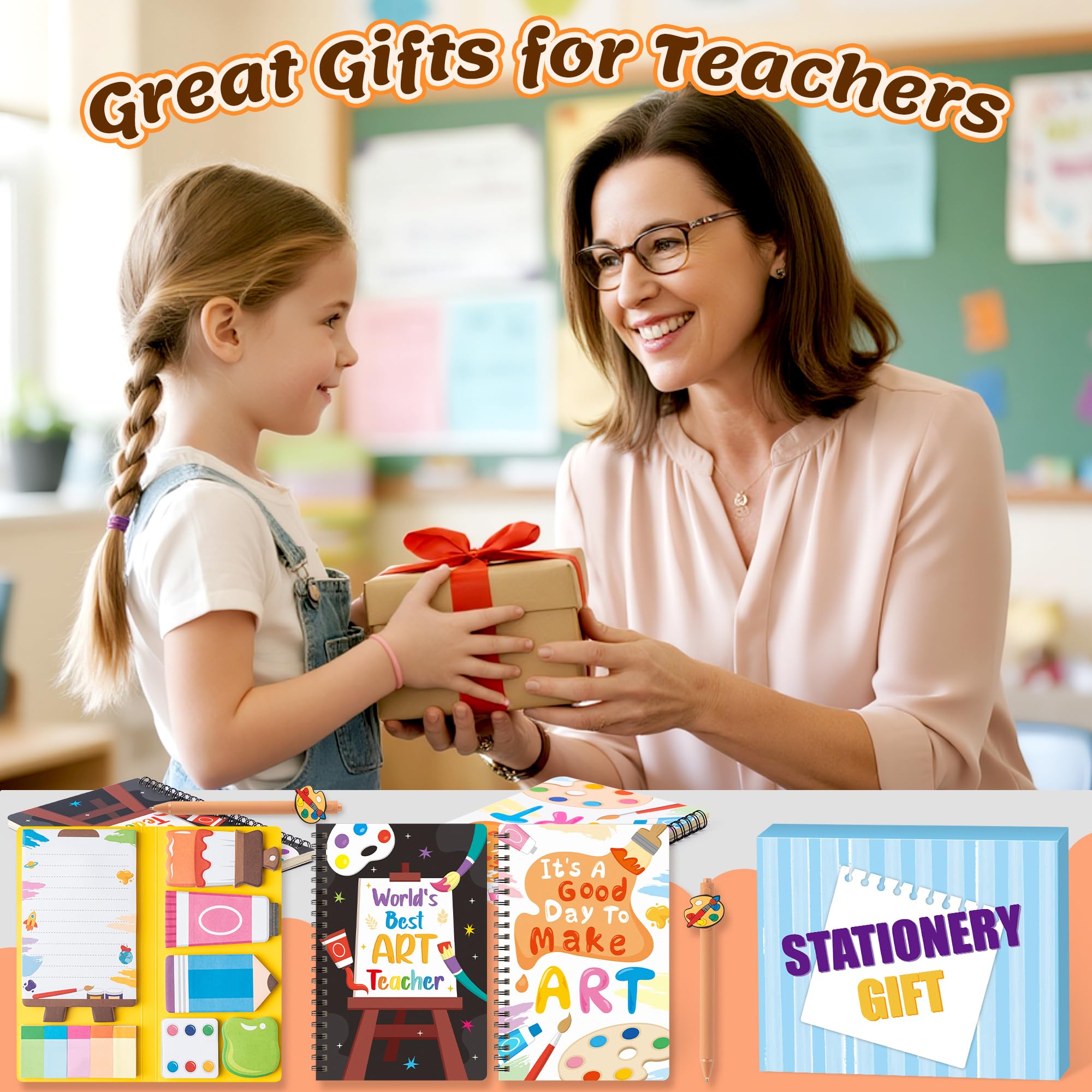 B1ykin Teacher Appreciate Stationery Gift Set - 3Pcs It's a Good Day To Make Art A5 Spiral Notebook & 550 Sheets Sticky Notes with Pen, Back to School Gift with Box for School Office (Art Teacher)