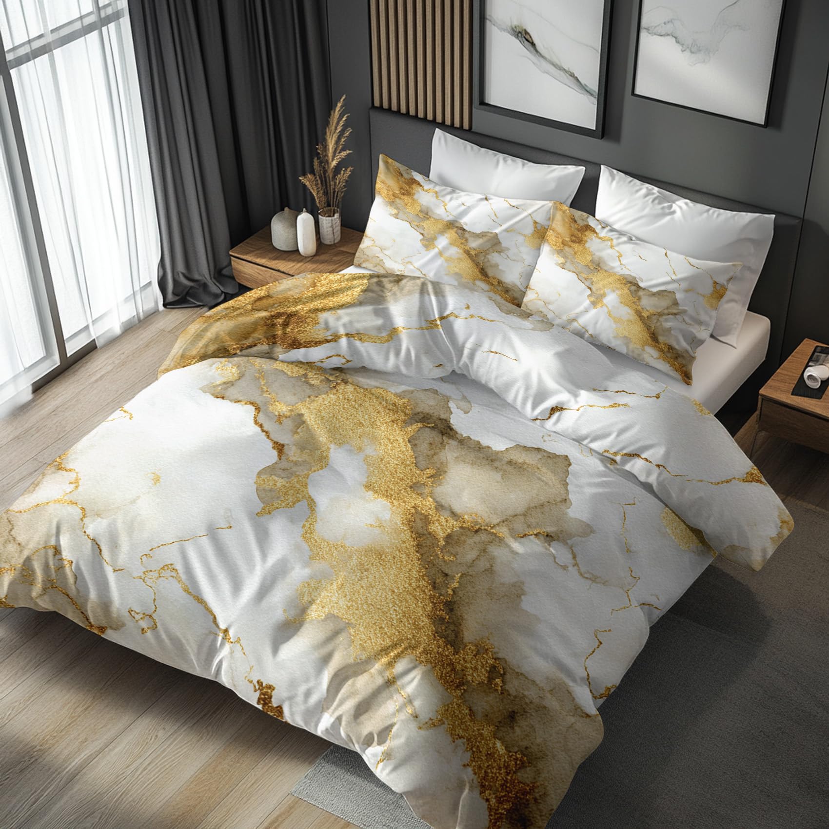 Housse de couette 220x240 marbre doré parure de lit moderne beige fermeture éclair
