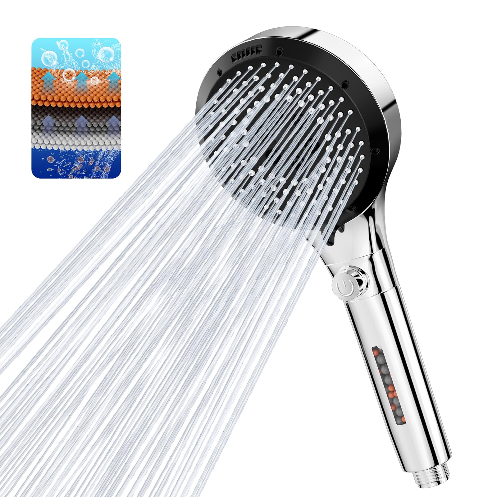 Vinabo High Pressure Shower Head, Anti Limescale Shower Head with 6 Jet Types, Water Saving Shower Head with Water Stop Button - Silver