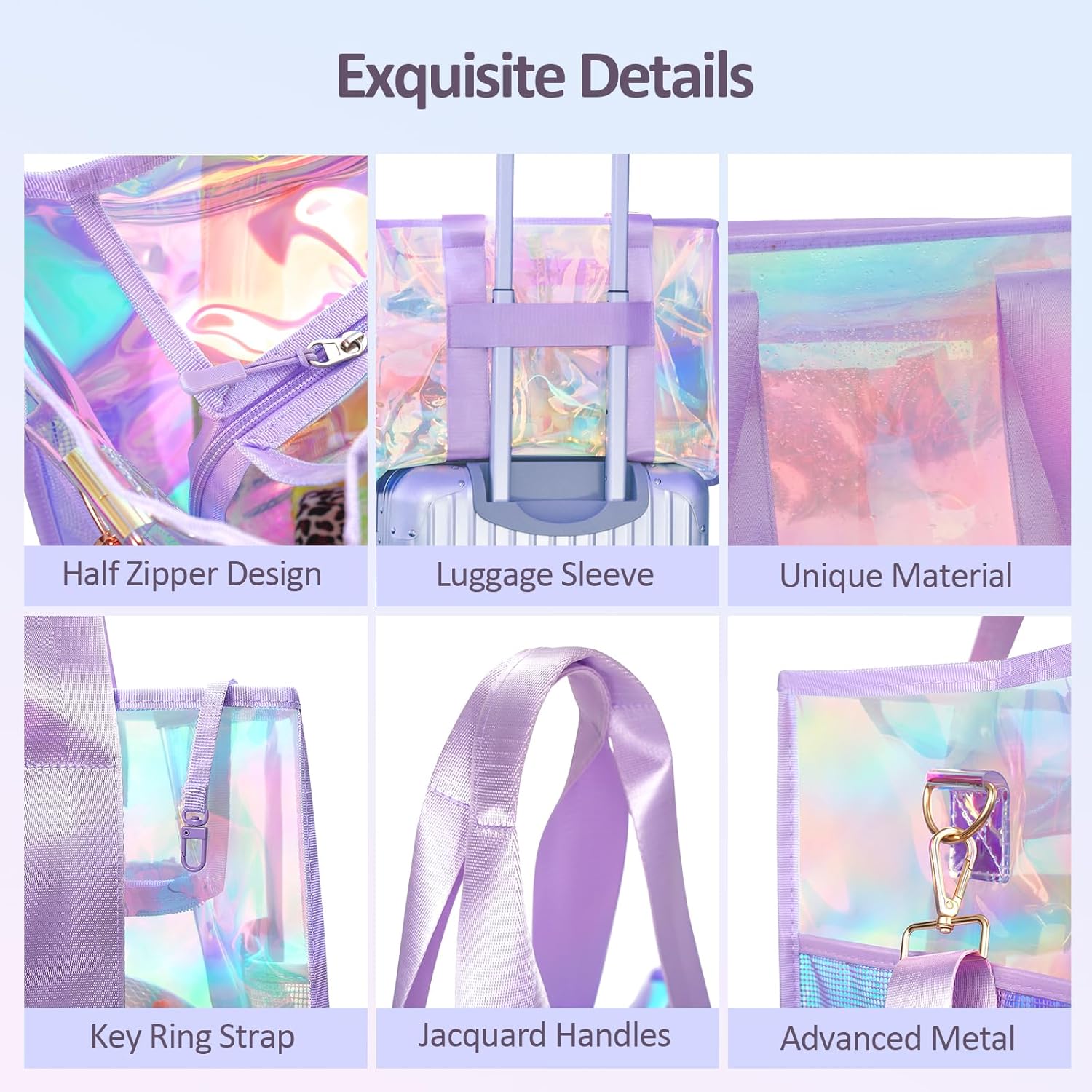 Beach Bag 26L Large Iridescent Waterproof Beach Tote Bag for Women with Zipper & Phone Pouch Sand/Tip-Proof Crossbody - Image 5