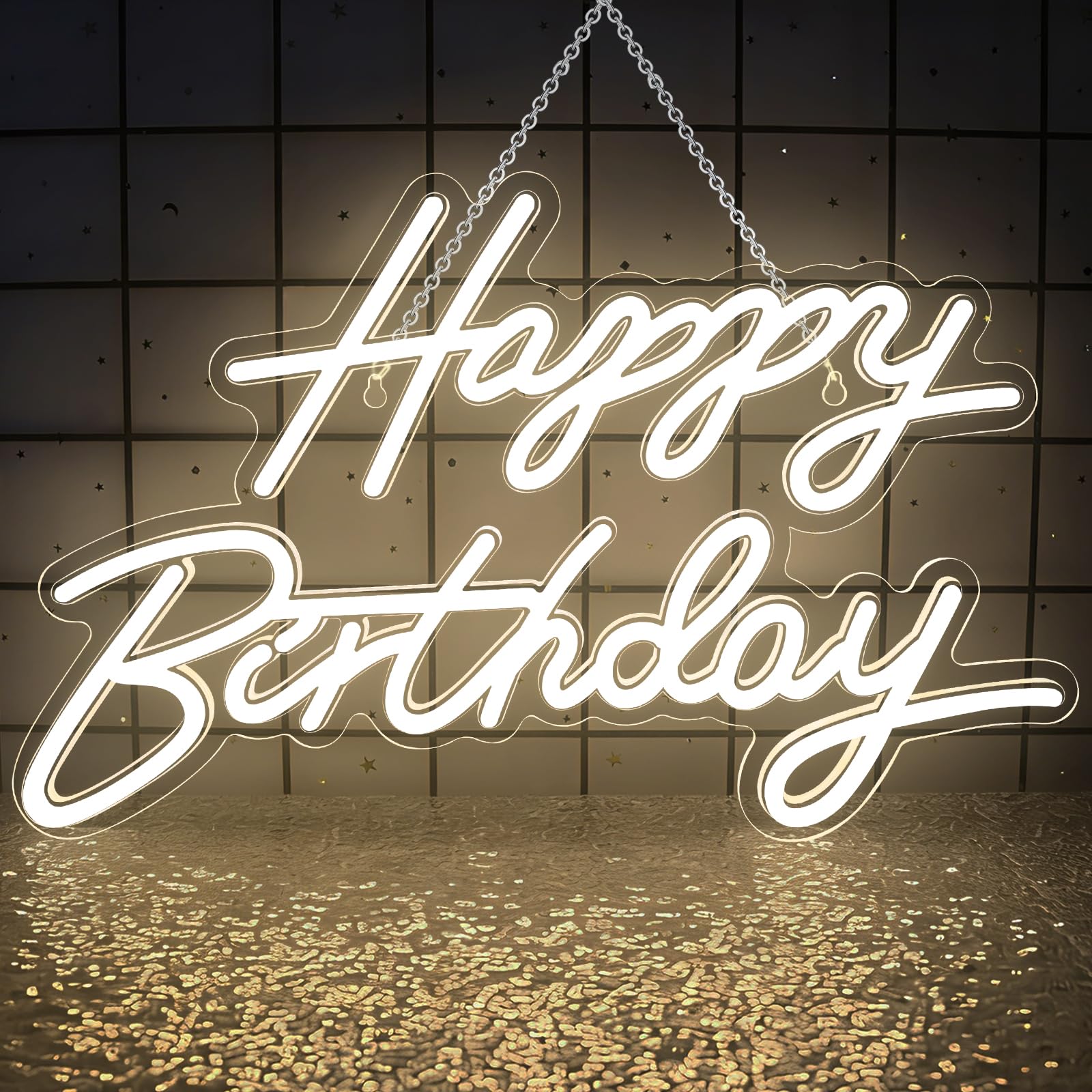 Photo 1 of Happy Birthday Neon Sign for Wall Decor, Dimmable LED Birthday Neon Light for Wall Decor Light Up Happy Birthday Led Signs for Backdrop Birthday Any Ages Bday Celebration Decoration, Warm White