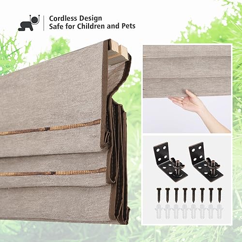 Vista 71 de Yin Yang Persianas romanas de bambú opacas sin cables, elegantes persianas romanas de madera tejida natural con salvia, persianas romanas de bambú