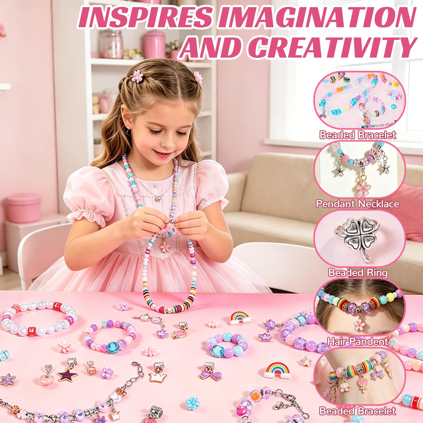 JeeMoien Charm Armband Bastelset Für Mädchen 5 6 7 8–12, Freundschaftsarmband Set DIY Schmuck Bastelset Geburtstagsgeschenk Spielzeug Für 6 7 8 9 10 11 Jährige Mit Tragbarer Schmuckbox, Rosa