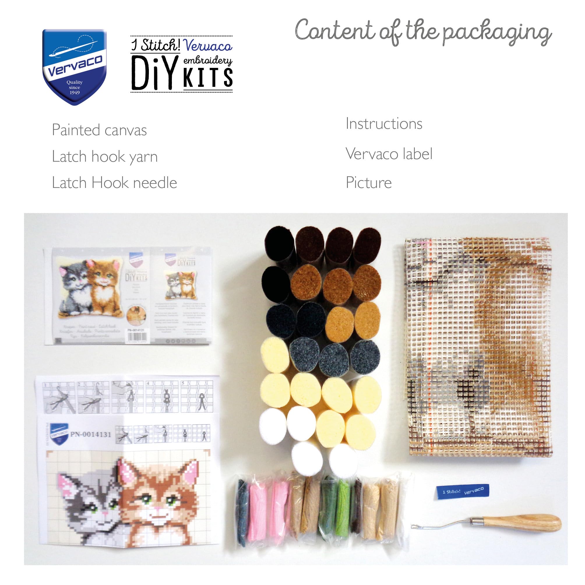 VERVACO Knüpfkissen Set Deko Kissenbezug Knüpfset für Anfänger Katzen Basteln Erwachsene Kreativ DIY Handarbeit Set Kissen zum Selber Knüpfe ca. 40 x 40 cm Latch Hook Kit Knüpfhaken Zubehör Kissen