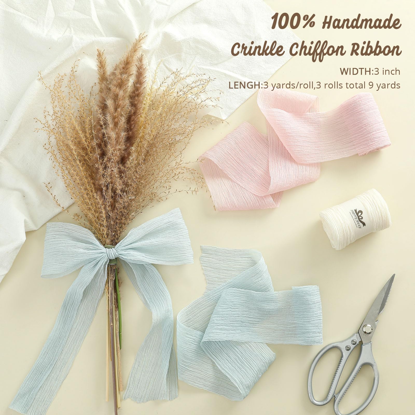 Pretty Jolly 3 Inch Light Blue Silk Chiffon Ribbon for Wedding Special Occasions; 9 Yards, 3 Rolls; Handmade, Crinkle - Image 2