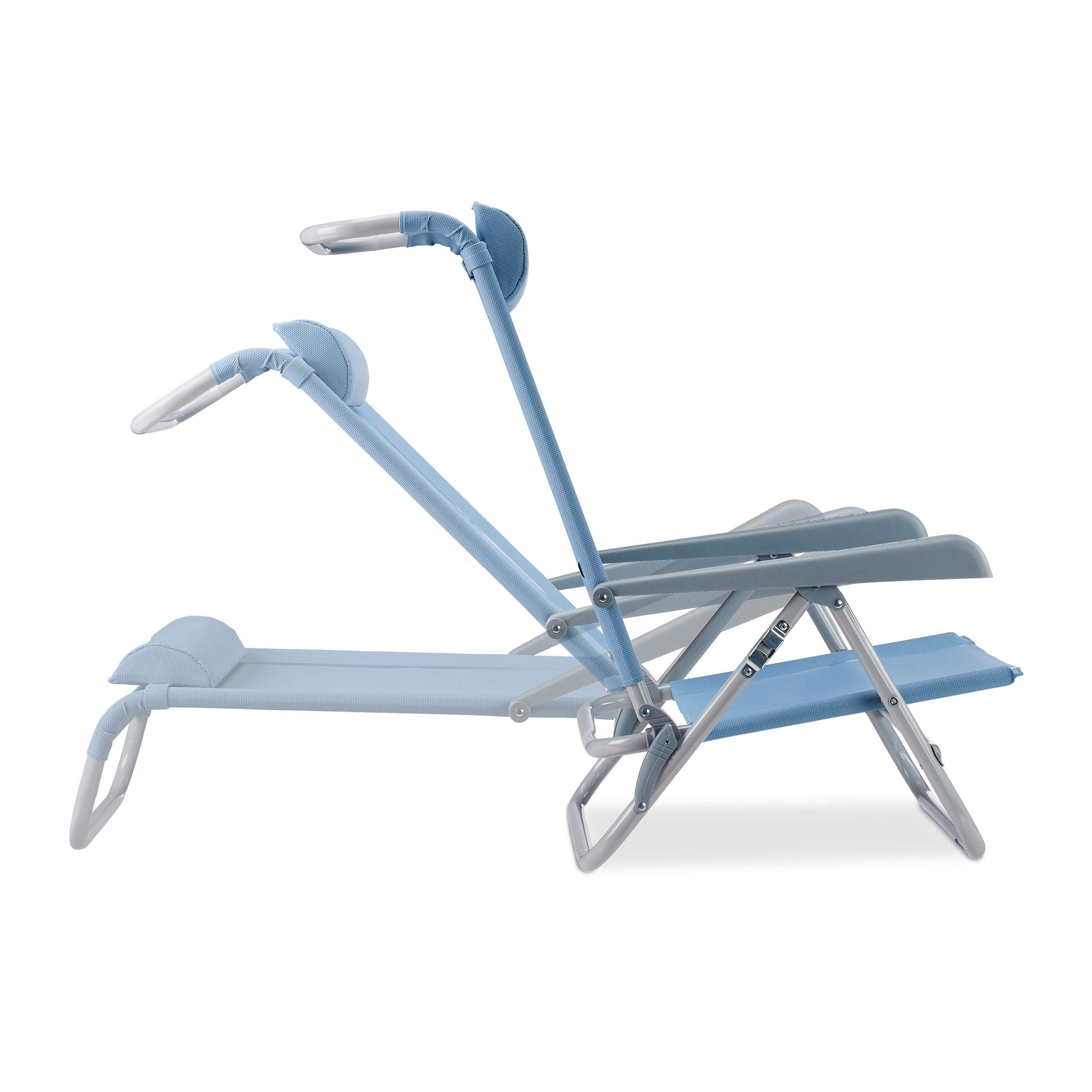 Relaxdays Sedia Pieghevole, Poggiatesta, Apribottiglia, Braccioli Regolabili, 120 kg, Plastica, Acciaio, Blu