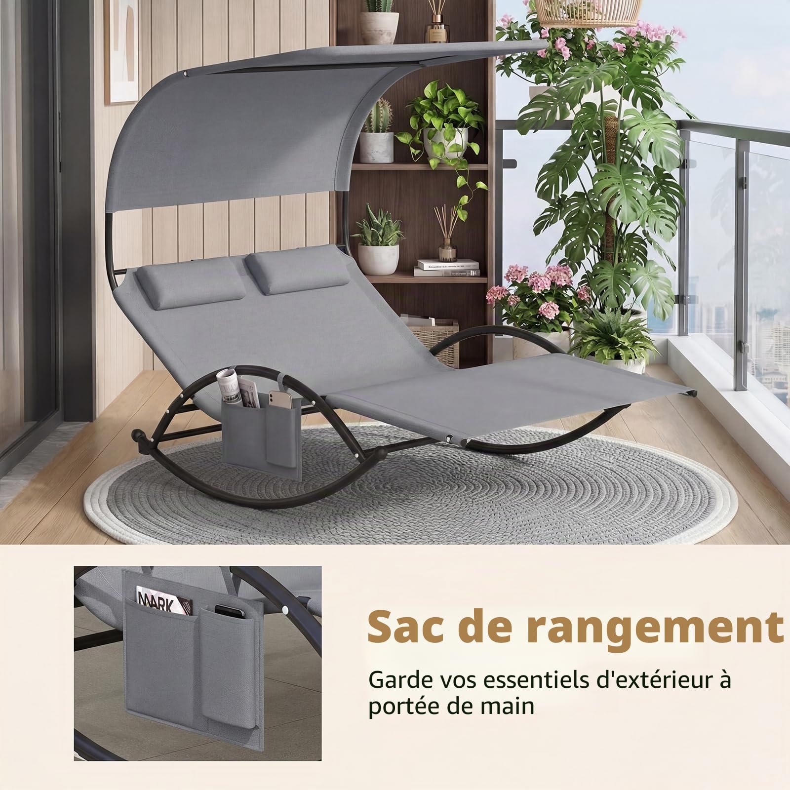 GIANTEX Chaise Longue de Jardin à Bascule pour 2 Personne, Poche Latérale, Transat Double à Bascule, Charge 300 kg, Auvent Pare-Soleil, 2 Oreillers Amovibles, Cadre en Métal, pour Jardin, Balcon, Gris