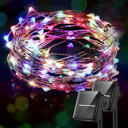 Guirnalda de luces solares decorativas para exteriores, 2 paquetes de 33 pies, 100 luces LED de alambre de cobre impermeable, para exteriores,