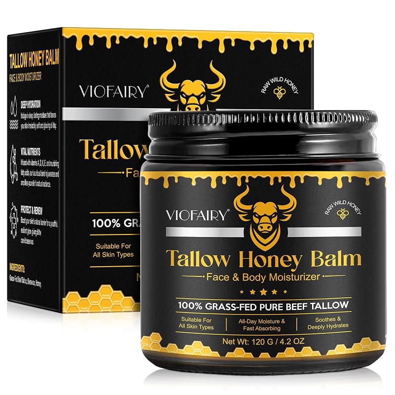 Bálsamo facial VIOFAIRY com sebo bovino e mel, 100% orgânico, 4 oz