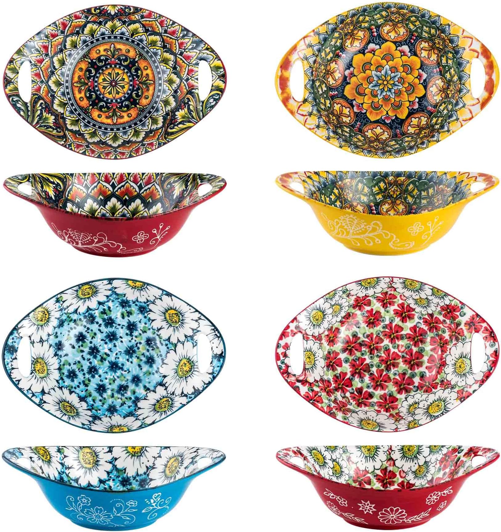 Henten HomeCeramic Cereal Bowls with Handle, 15 oz Soup Bowls Set of 4, Bohemia Porcelain Salad Bowls, Floral