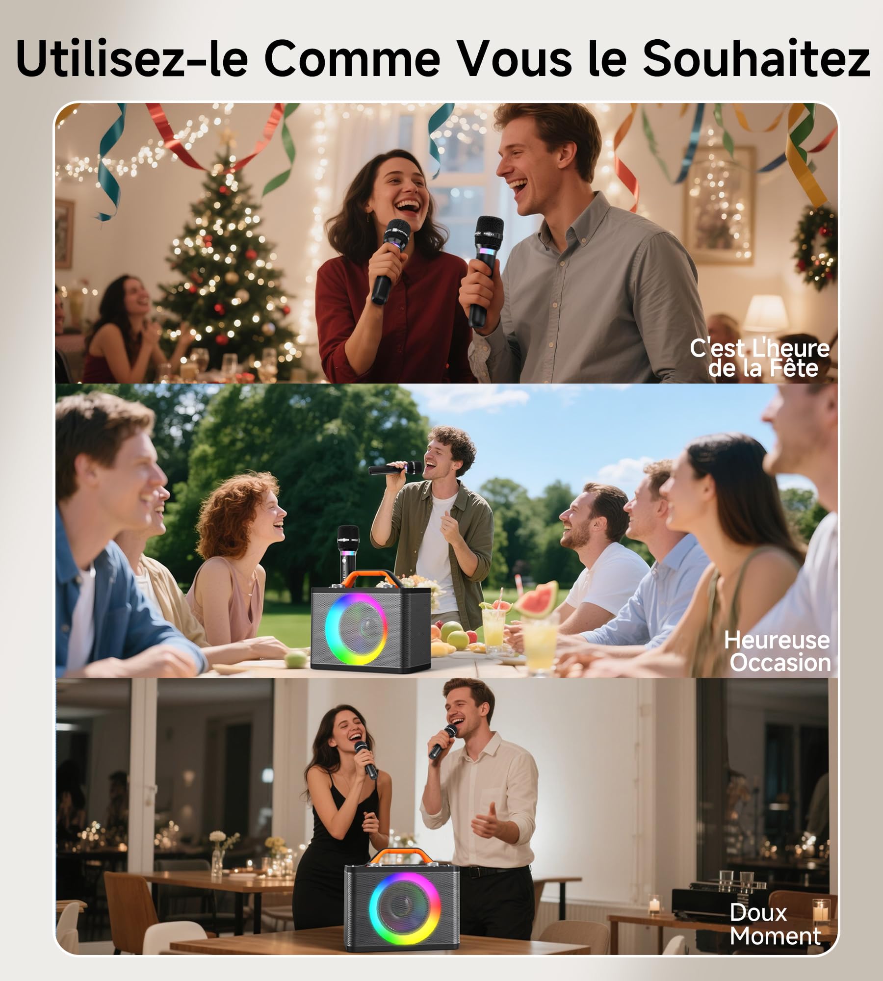 Machine de karaoké avec 2 microphones RVB sans fil - 5200mAh Karaoké avec 10 modes RVB, panneau de contrôle indépendant, 13 heures de lecture, son Hi-Fi, karaoké prend en charge AUX/USB/carte TF/USB