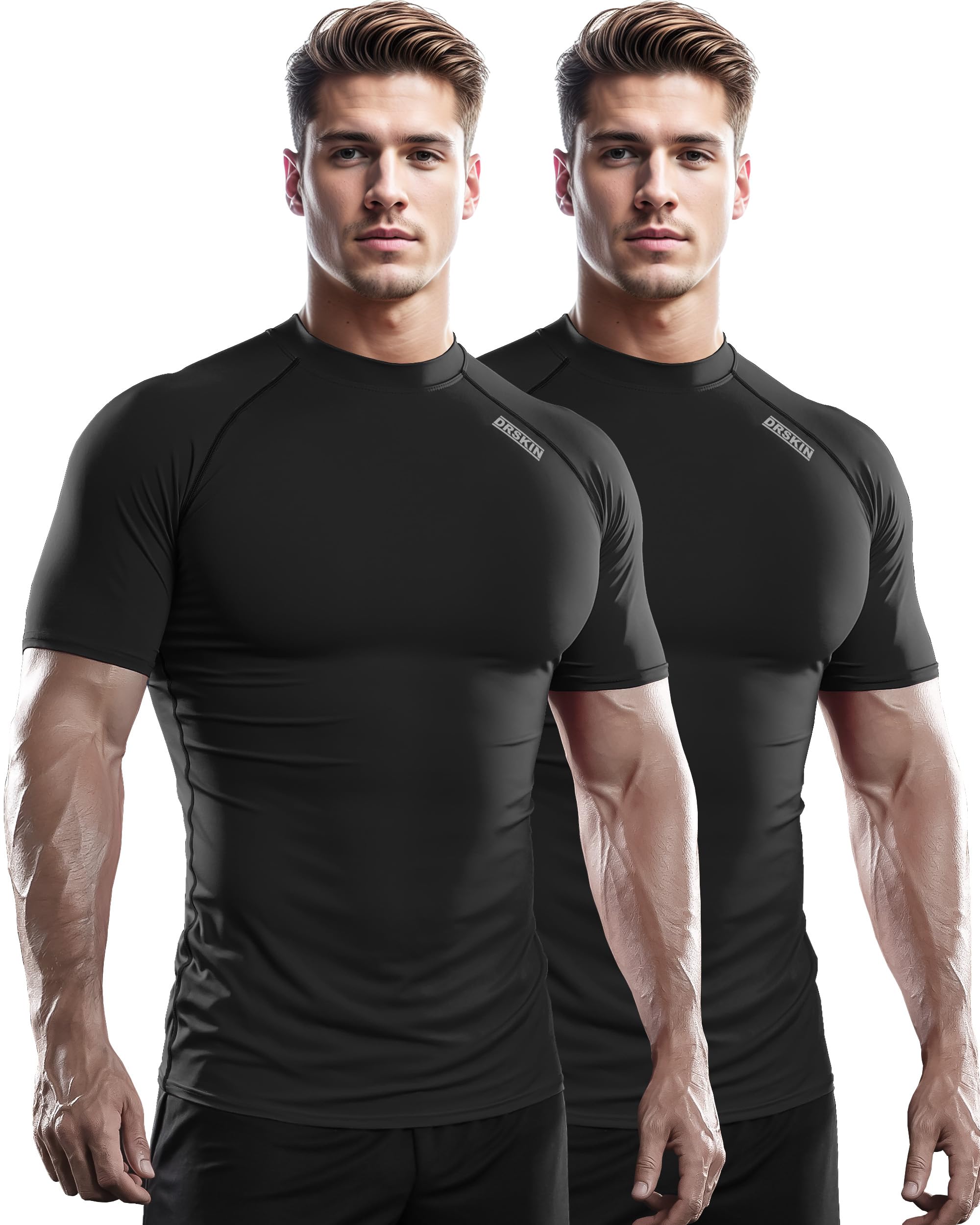 DRSKIN3, 2 or 1 Pack Men's Compression Shirt Short Sleeve Top Baselayer Sports T-Shirt Athletic Running Active Workout