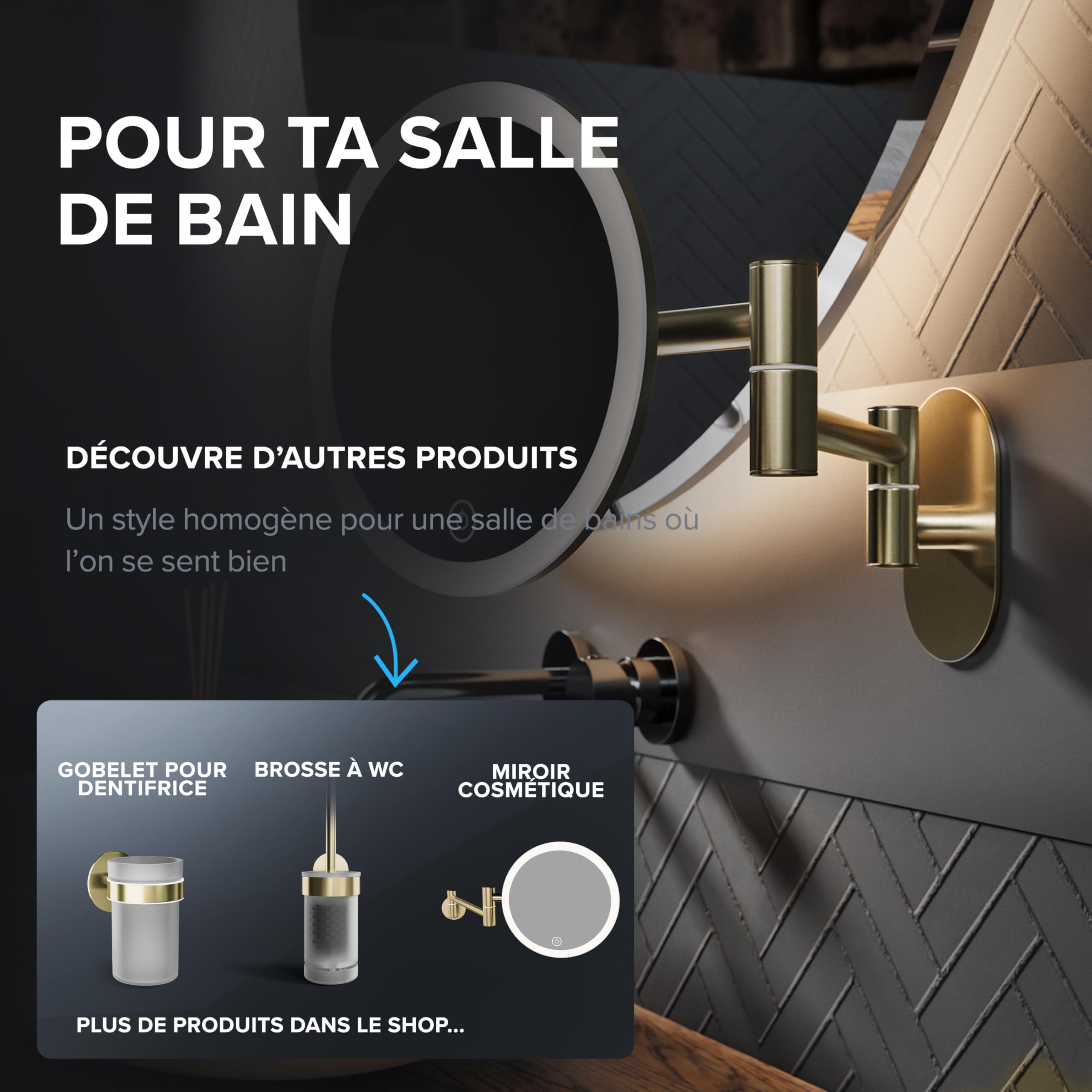 Ovimar Cosmétique Blavand Or | Éclairage | Rechargeable | Montage Mural sans Perçage | Salle de Bain | Miroir Grossissant 5X | Miroir de Maquillage 360°