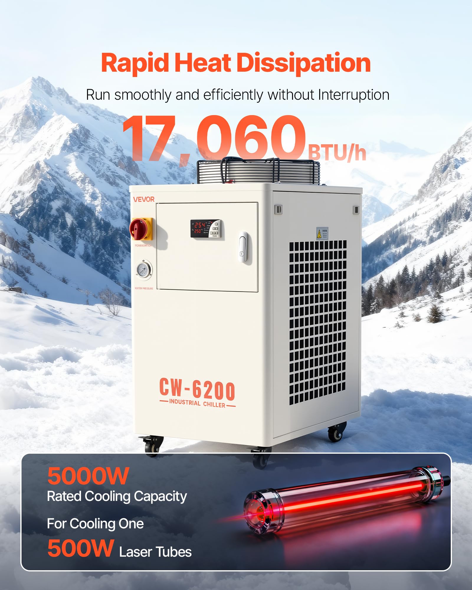 VEVOR Industrieller Wasserkühler, 5 kW, Wasserkühlsystem mit Kompressor, 15 L Tankinhalt, max. Durchflussrate 70 L/min, Industrial Water Chiller für CO2-Laser-Röhrengravur- & Schneidemaschinen