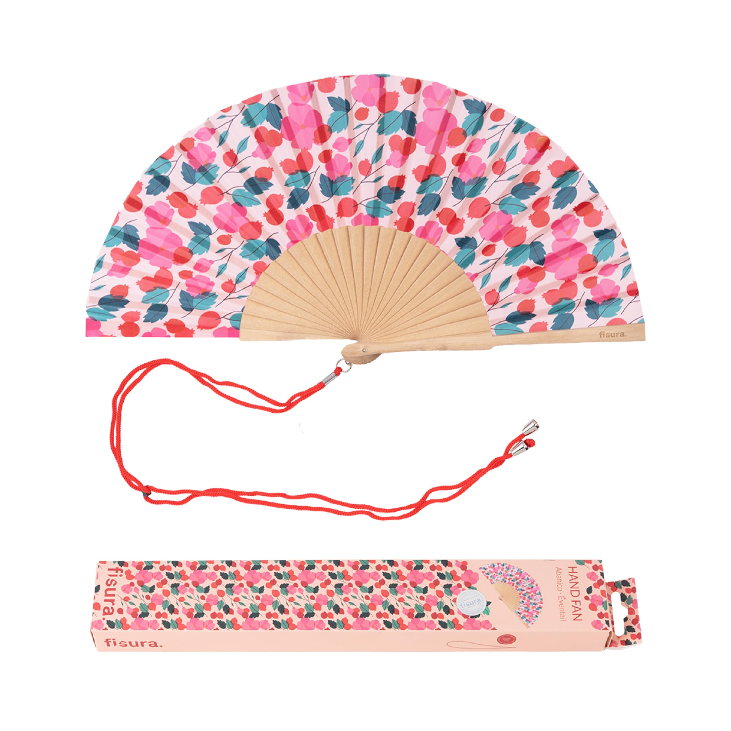 Fisura – Original Folding Fan with Poppy Print, Modern and Colourful Folding handheld fan, Pink and Red Design, For wedding, rave, festival, Includes Strap - Size: 42.5 x 23 cm