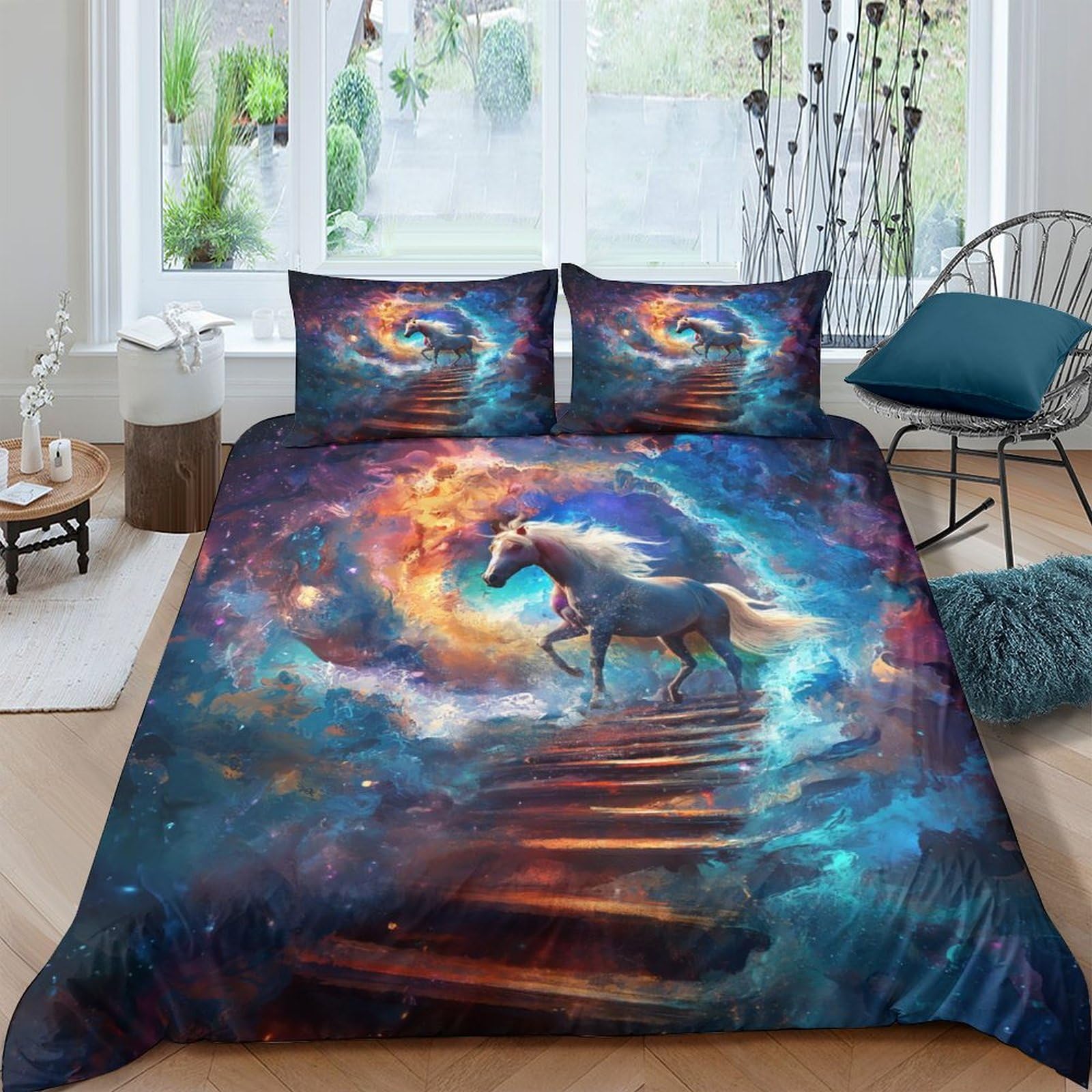 Housse de couette cheval 3D 220x240 cm en microfibre avec taie d'oreiller