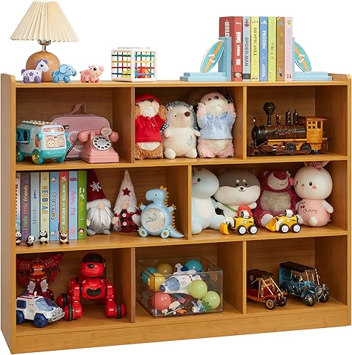 Miniatura 3 de Estantería de 3 niveles, estantería de madera de 8 secciones, organizador de almacenamiento con dispositivo anti-inclinación, gabinete de