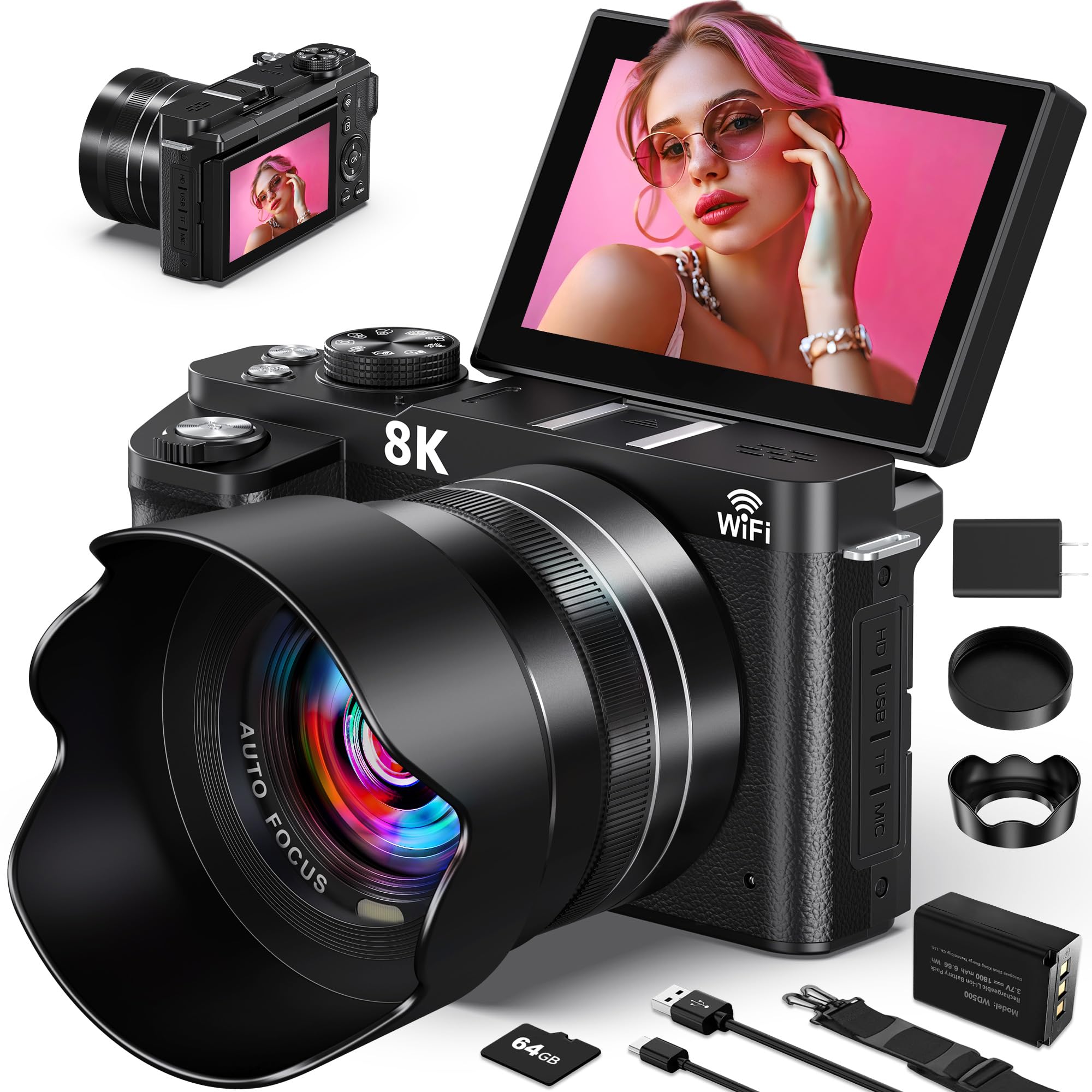 8K Digital Camera - WiFi Cameras for Photography 88MP - Autofocus Vlogging Camera for YouTube - UHD Video Camara for Beginner Photographer with 3" 180° Flip Screen, 18X Zoom, Lens Hood, Memory Card-picture-30